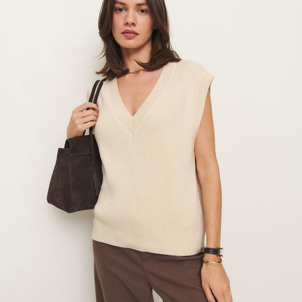 Reformation Oversized Organic Cotton Beige Knit V Neck Sweater Vest, XS